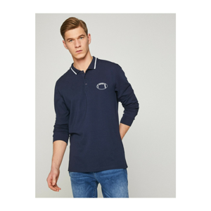 Koton Men's Navy Blue Embroidered Long Sleeve Polo Neck T-Shirt