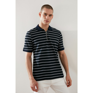 Trendyol Navy Blue Men's Slim Fit Zipper Detailed Striped Short Sleeve Polo Neck T-shirt