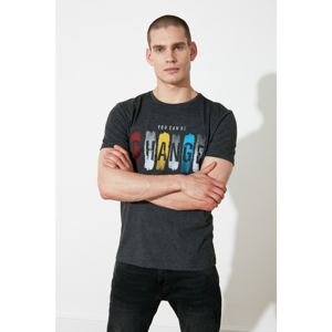 Trendyol Anthracite Men's Slim Fit Slogan Printed Short Sleeve T-Shirt