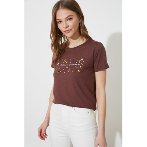 Trendyol Brown Embroidered Basic Knitted T-Shirt