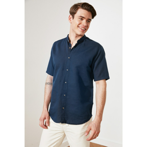 Trendyol Navy Blue Men's Relax Fit Judge Collar Short Sleeve Linen Shirt