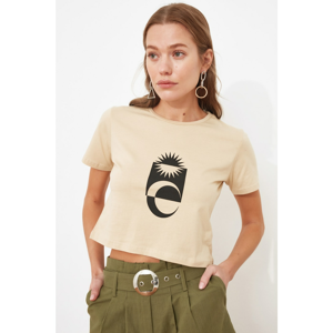 Trendyol Beige Printed Crop Knitted T-Shirt