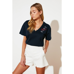 Trendyol Navy Blue Embroidered Boyfriend Knitted T-Shirt