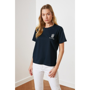 Trendyol Navy Blue Printed Semifitted Knitted T-Shirt