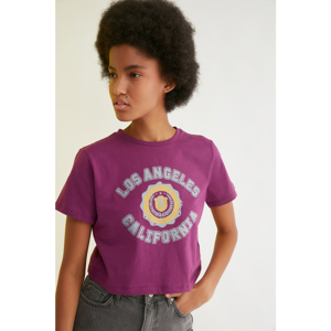 Trendyol Purple Printed Crop Knitted T-Shirt