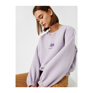 Koton Women's Purple Crew Neck Printed Crop Sweatshirt