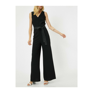 Koton Women Black V Neck Belt Detailed Sleeveless Jumpsuit