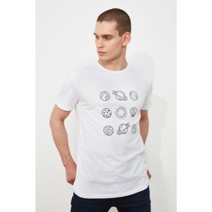 Trendyol White Men's Regular Fit Short Sleeve Planet Printed T-Shirt
