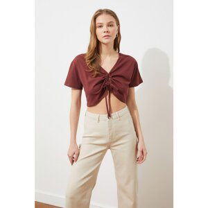 Trendyol Light Brown Tie Crop Knit Blouse