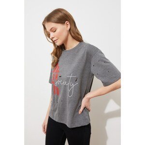 Trendyol Anthracite Printed Loose Knit T-Shirt