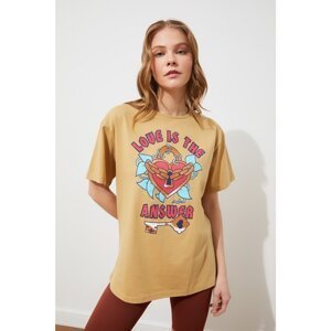 Trendyol Camel Printed Boyfriend Knitted T-Shirt
