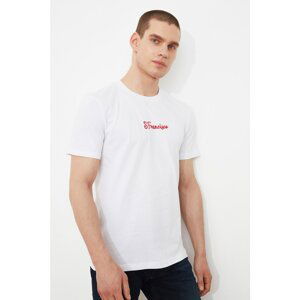 Trendyol White Men's Slim Fit Short Sleeve Embroidered T-Shirt