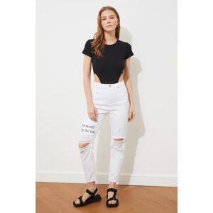 Trendyol White Ripped Detailed Printed High Waist Mom Jeans