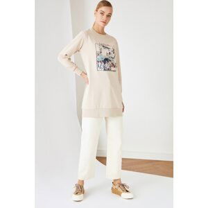 Trendyol Beige Printed Knitted Sweatshirt