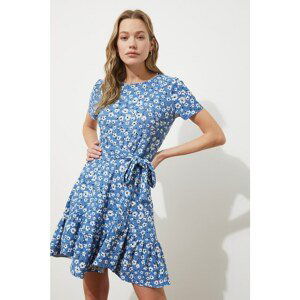 Trendyol Blue Floral Belted Knitted Dress