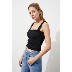 Trendyol Black Strapped Ruffle Detailed Corded Knitted Blouse