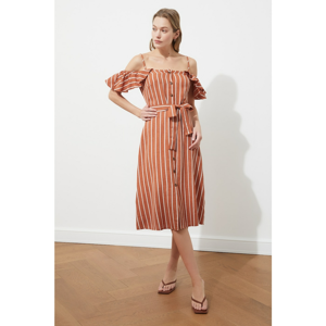 Trendyol Brown Belted Striped Dress