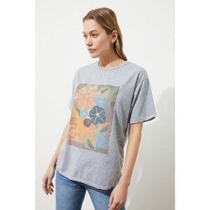 Trendyol Gray Printed Boyfriend Knitted T-Shirt