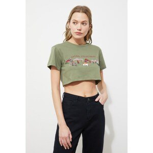 Trendyol Khaki Printed and Embroidered Crop T-Shirt