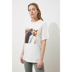Trendyol Ecru Printed Boyfriend Knitted T-Shirt