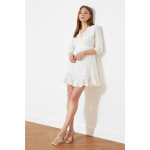 Trendyol White Belted Fabric Textured Double Breasted Collar Dress