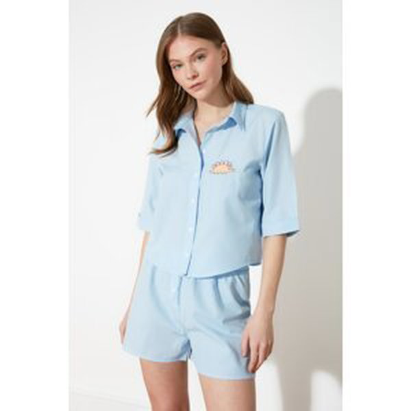Trendyol Blue Embroidered Woven Pajamas Set