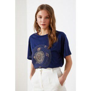 Trendyol Indigo Printed Boyfriend Knitted T-Shirt