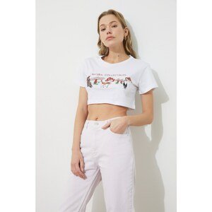 Trendyol White Printed and Embroidered Crop T-Shirt