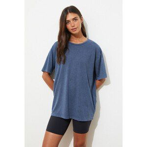 Trendyol Blue Washed and Foil Printed Boyfriend Knitted T-Shirt