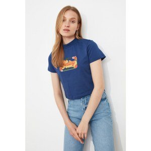 Trendyol Navy Printed Crop Turtleneck T-Shirt