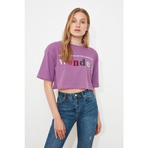 Trendyol Purple Printed Crop Knitted T-Shirt