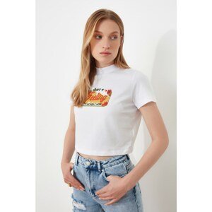 Trendyol White Printed Turtleneck Crop Knitted T-Shirt