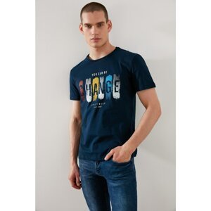 Trendyol Navy Blue Men Slim Fit Slogan Printed Short Sleeve T-Shirt