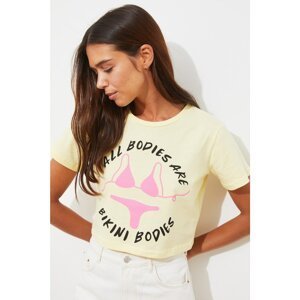 Trendyol Yellow Printed Crop Knitted T-Shirt