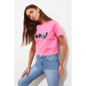 Trendyol Pink Embroidered Crop Knitted T-Shirt