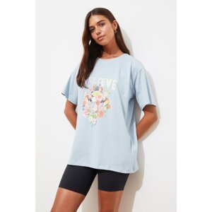 Trendyol Blue Printed Boyfriend T-Shirt
