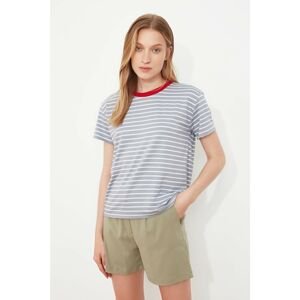 Trendyol Gray Crew Neck Semi-Fitted Striped Knitted T-Shirt