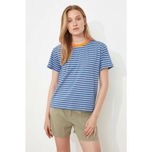 Trendyol Navy Blue Crew Neck Semi-Fitted Striped Knitted T-Shirt