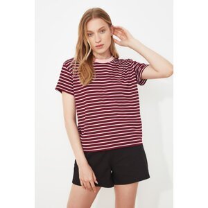 Trendyol Burgundy Crew Neck Semi-Fitted Striped Knitted T-Shirt