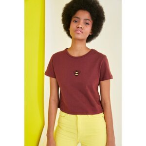 Trendyol Brown Embroidered Crop Knitted T-Shirt