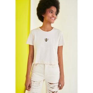 Trendyol Beige Embroidered Crop Knitted T-Shirt