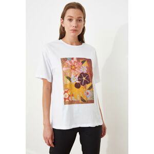 Trendyol White Printed Boyfriend Knitted T-Shirt