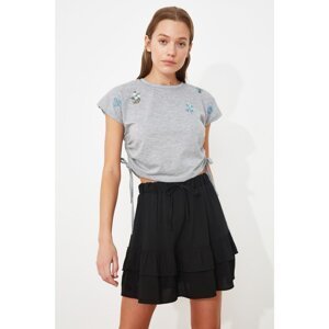 Trendyol Gray Gathered Embroidered Crop Knitted T-Shirt