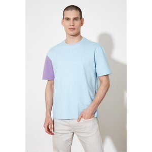 Trendyol Blue Men's Oversized Short Sleeve Contrast Sleeve Detailed Sweatshirt