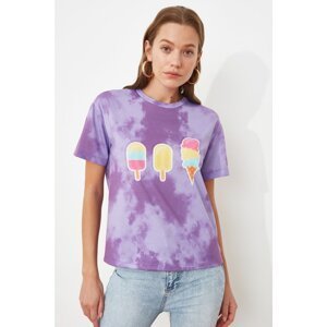 Trendyol Purple Semifitted Printed and Tie Dye Knitted T-Shirt
