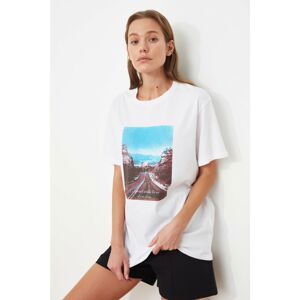 Trendyol White Printed Boyfriend Knitted T-Shirt