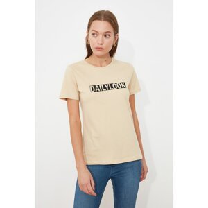 Trendyol Beige Printed Basic Knitted T-Shirt