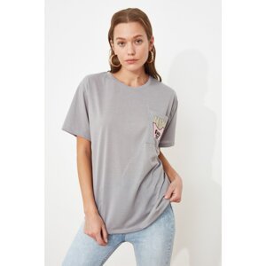 Trendyol Gray Embroidered Boyfriend Knitted T-Shirt