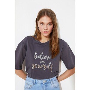 Trendyol Anthracite Sequin Embroidery Loose Knitted T-Shirt