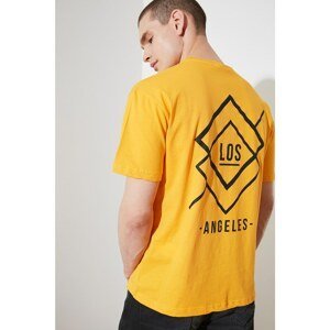 Trendyol Mustard Men's Oversize Fit Crew Neck Zero Sleeve Printed T-Shirt